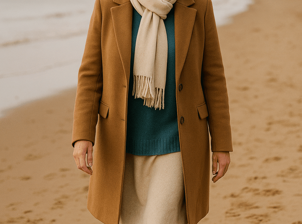 Woman in camel coat on the beach