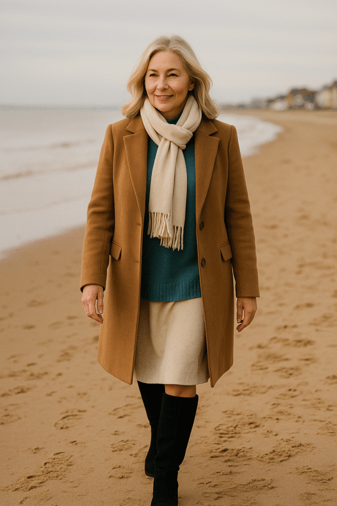 Woman in camel coat on the beach